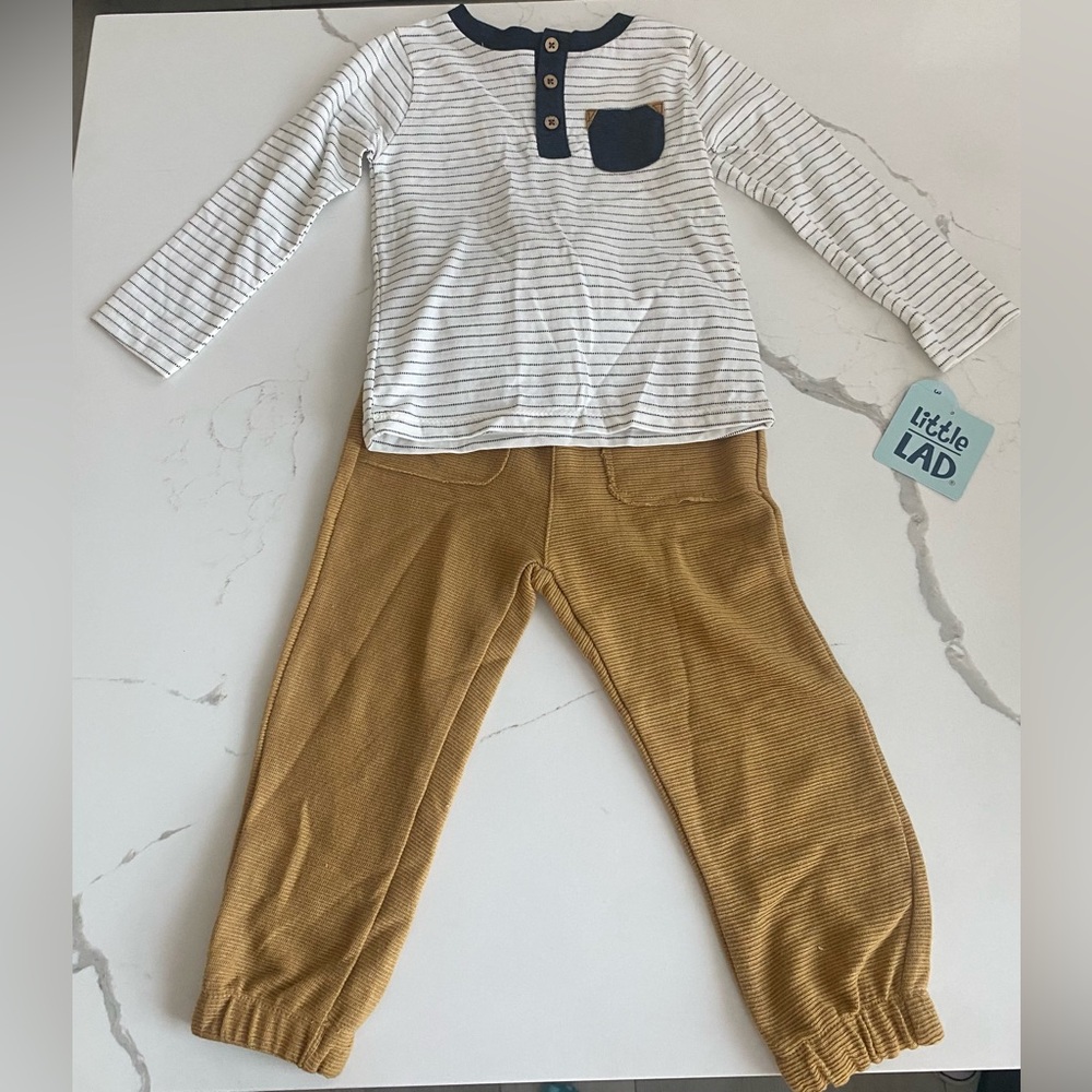 Striped Top Tan Bottoms Set Button Pocket Teddy Bear 3 Piece Trouser LongSleeve